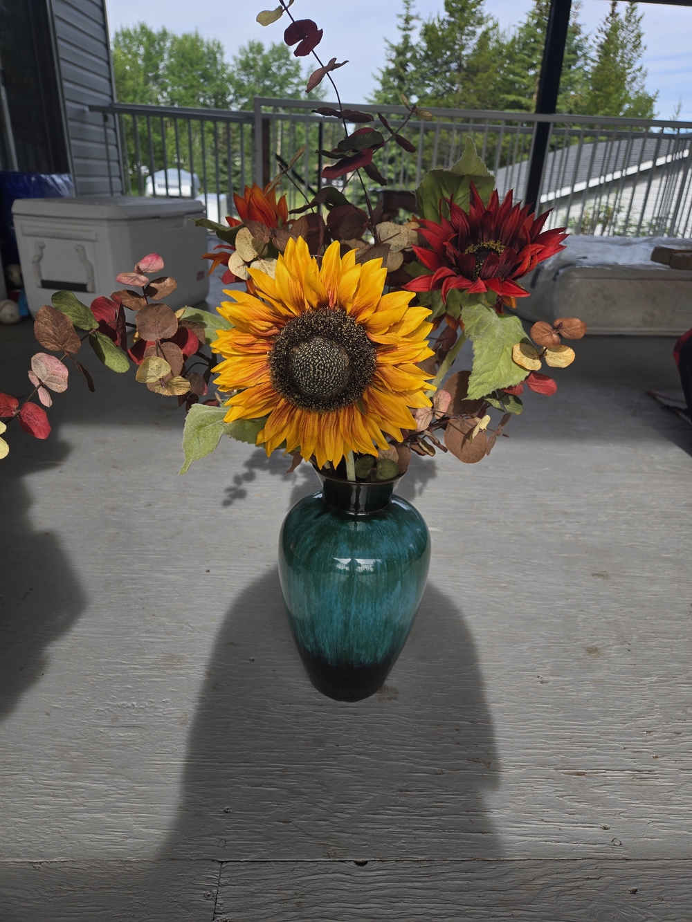Teal Gradient Ceramic Vase with Sunflower Floral Accent - Unbranded